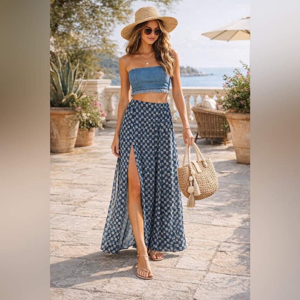 Michael Kors Navy Floral Maxi Skirt. Small